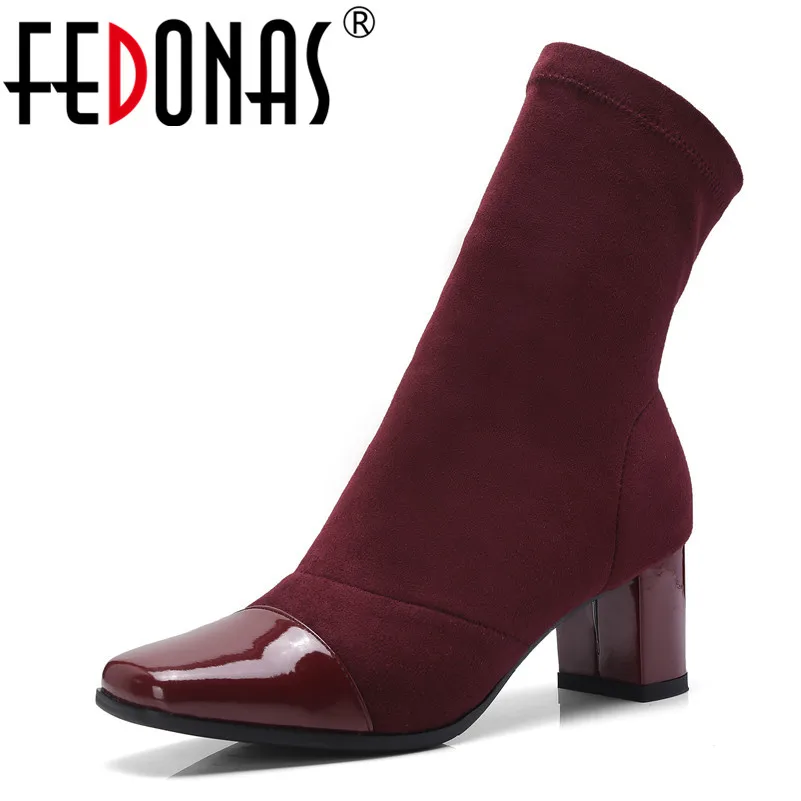 

FEDONAS New Women Autumn Winter Ankle Boots Fashion Square Toe High Socks Boots High Heels Long Martin Shoes Woman Dancing Pumps