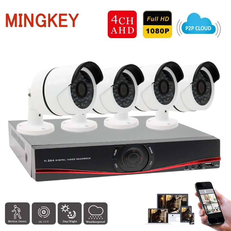 

2.0MP AHD Security Camera System 4CH 1080P CCTV Kit Outdoor IR Bullet Camera Weatherproof IP66 Night Vision Network Free APP