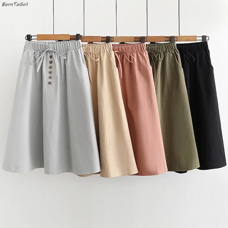 

BornToGirl 2019 Summer Autumn Women High Waist Black Gray Khaki Green Knee-Length Skirts