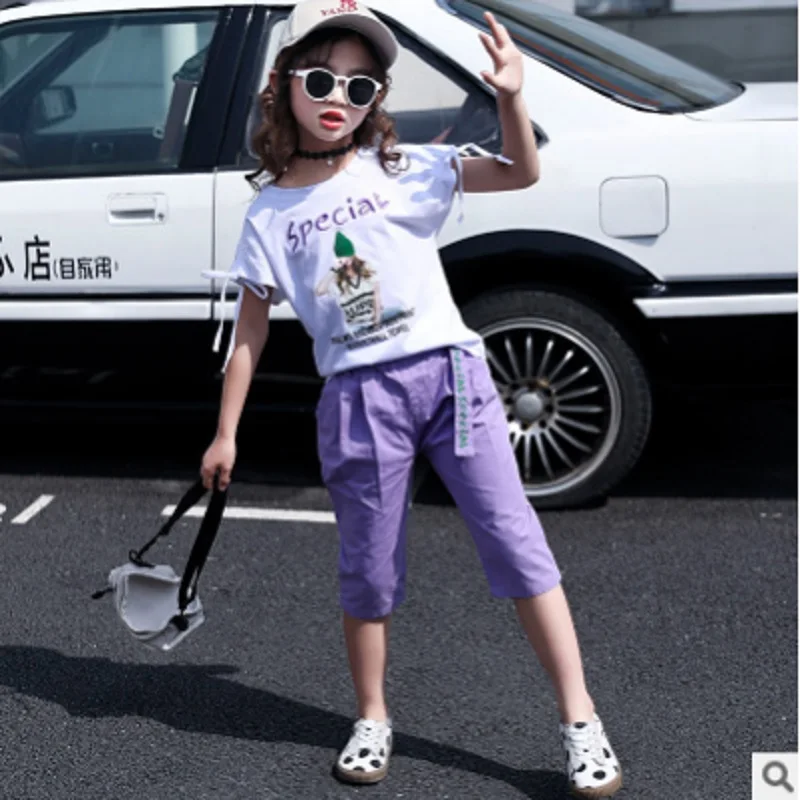 

Children 's Sports Clothing Set New 2019 Spring and Summer Girls 2 piece 2 Colors Suits Size4-14 ly145 Kids Leisure Clothes Sets