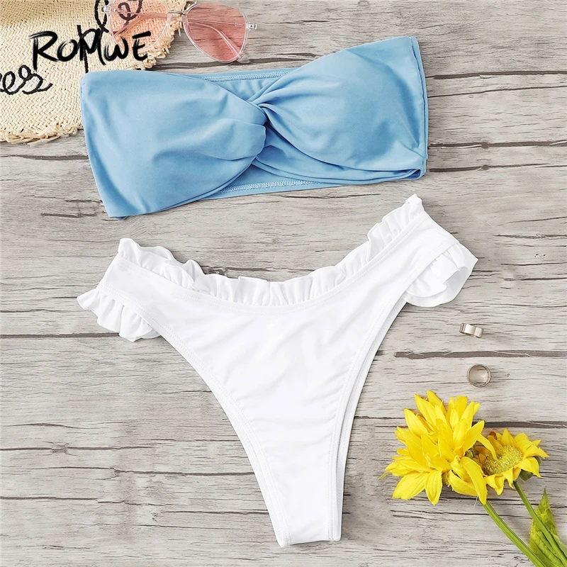 

Romwe Sport Blue and White Two Tone Twist Bandeau Top With Frill Trim Bikini Set Summer Beach Sexy Wireless Women Swimsuit