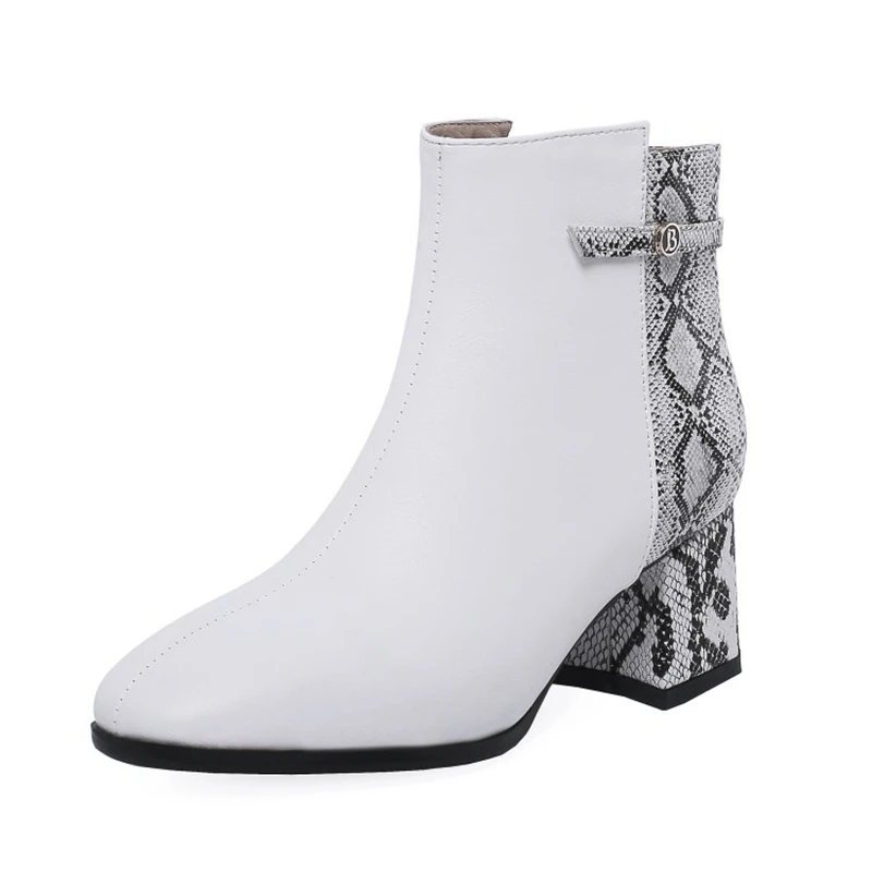 ORCHA LISA/Новые пикантные ботильоны на массивном каблуке; короткие ботинки с принтом змеиной кожи; элегантные ботинки на молнии; женская обувь; женские ботильоны - Цвет: White