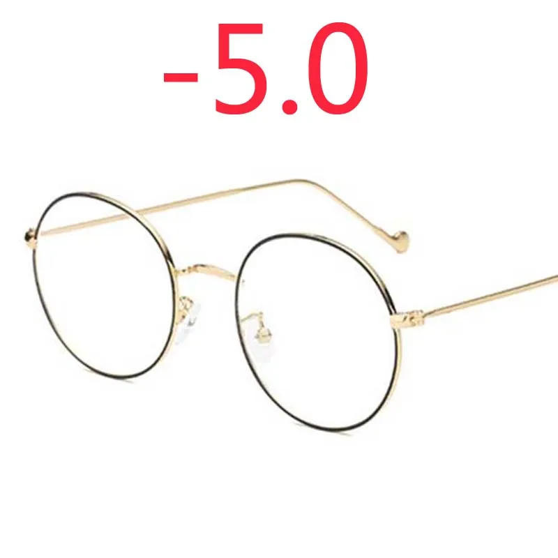 Женские круглые металлические очки, оправа с градусом, мужские ультралегкие готовые очки для близорукости-0,5-1-1,5-2-2,5-3-3,5-4-4,5-5-6 - Цвет оправы: black gold -5.0