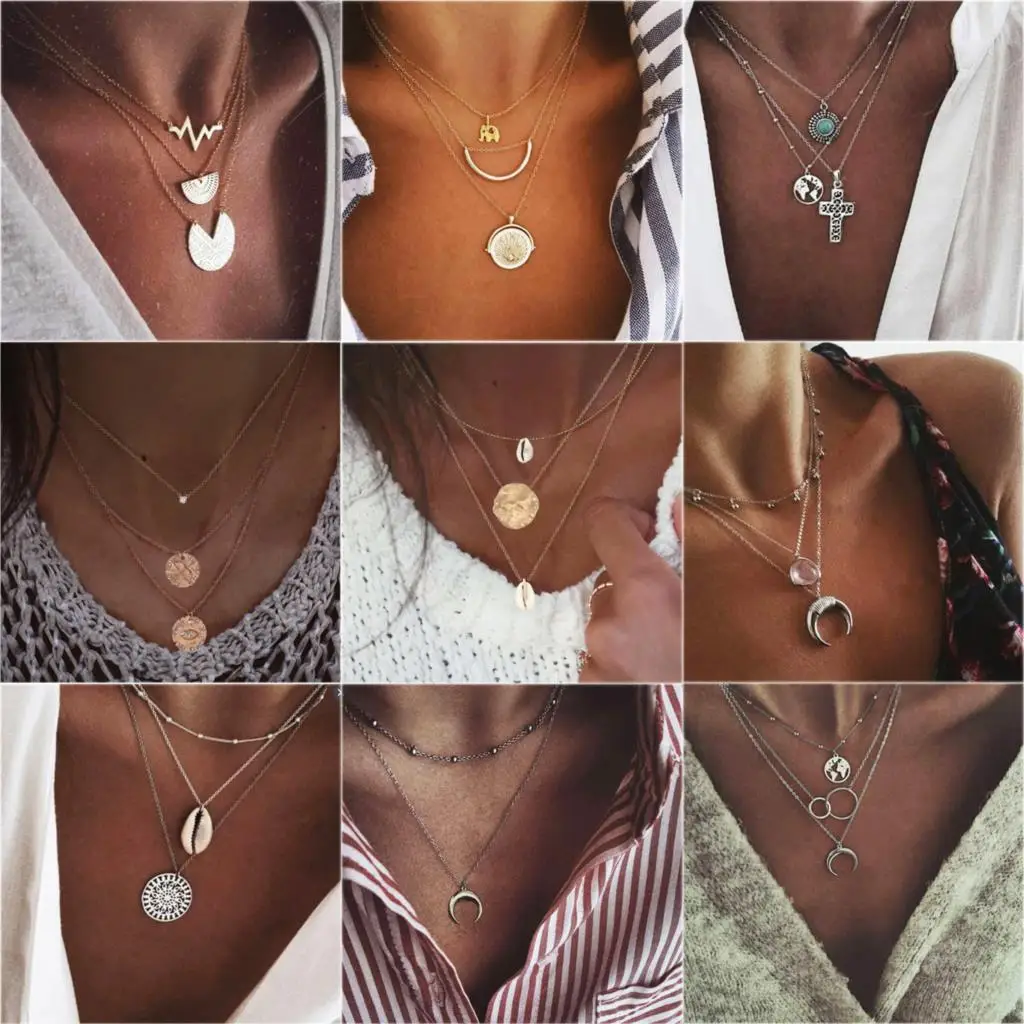 

26 Styles Bohemian Multi layer Pendant Necklaces For Women Fashion Golden Geometric Charm Chains Necklace Jewelry Wholesale