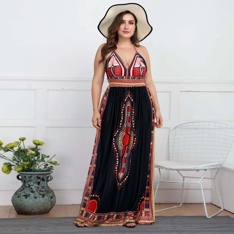 

Women Vintage Print Maxi Dress African Traditional Dashiki Deep V Sleeveless Strap dress National Ethnic Totem Lady Long Dress