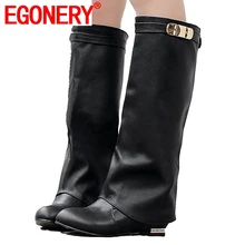 EGONERY/крутые женские сапоги до колена в стиле рок зимняя плюшевая обувь на танкетке женская обувь больших размеров 32-43 жокейские сапоги в стиле ретро, панк, готика