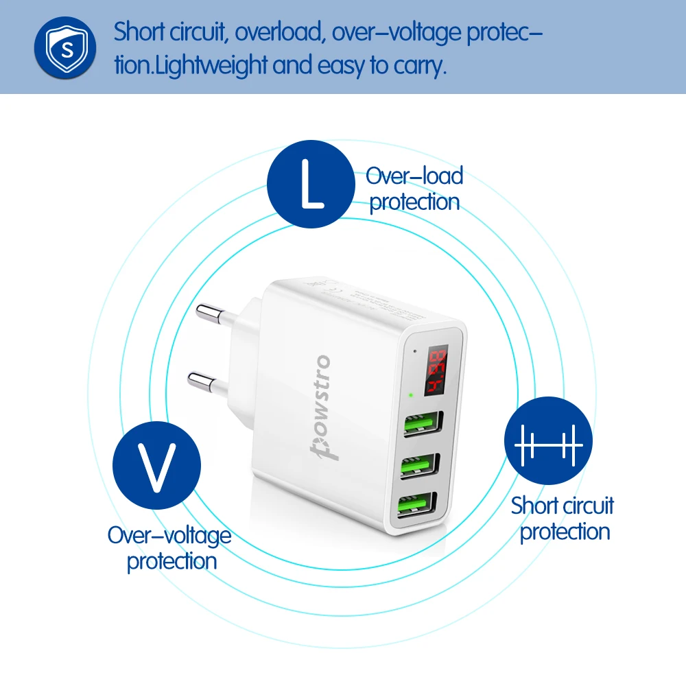 Настенное зарядное устройство POWSTRO 3 порта USB светодиодный дисплей вилка