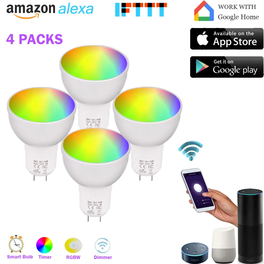 Умный Wifi GU5.3 прожектор 5 Вт смарт RGBW Led диммируемая лампа равна 50 работает с Alexa Google