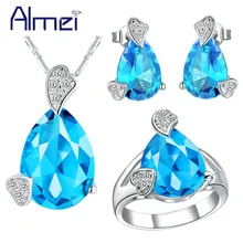 Almei синий Цепочки и ожерелья набор украшений для женщин Свадебное с кристаллами серьги-кольца комплекты Joyas/Серебристая Женская Brincos, можно носить с Casamento T210