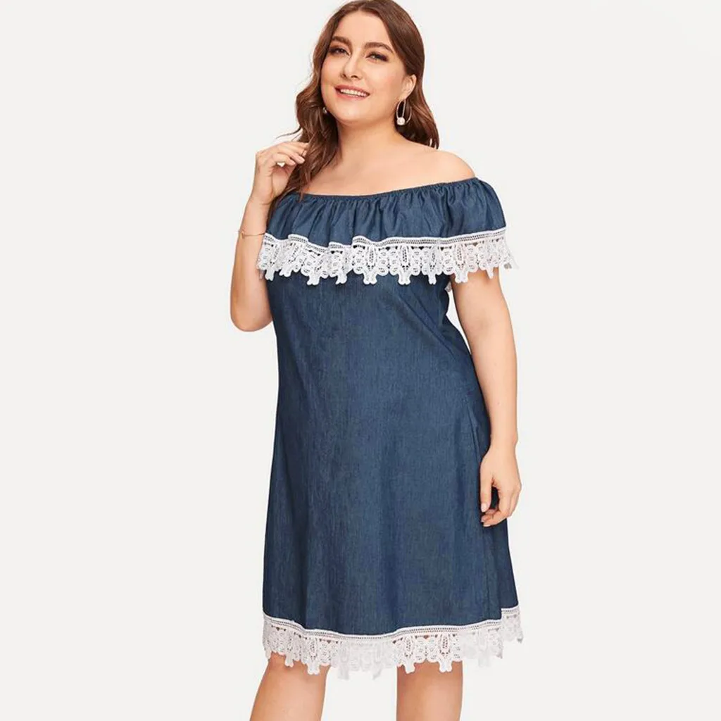 

Summer Fashion Trend Womens Lace Plus Size Casual Off Shoulder Denim Knee Length Solid Sleeveless Dress Party Dress Breathable