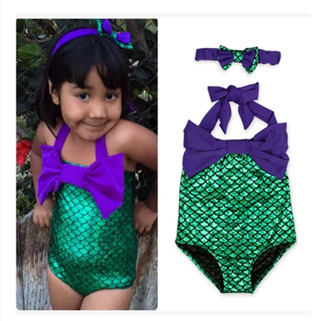 Best Offers 2 Pcs/ Set Swimsuit+ Hairband Baby Girls Mermaid Bowknot Swimwear Children's Bikini Swim Suit Costume Toddler Bathing Suit