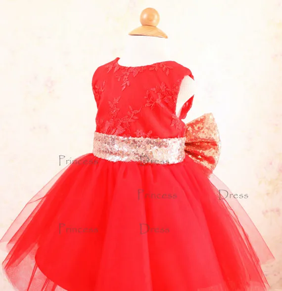 2017 red tulle ball gown baby dress with lace appliques open back kids pageant party dress sweet Princess dress with gold bow open back chain detail bodycon dress