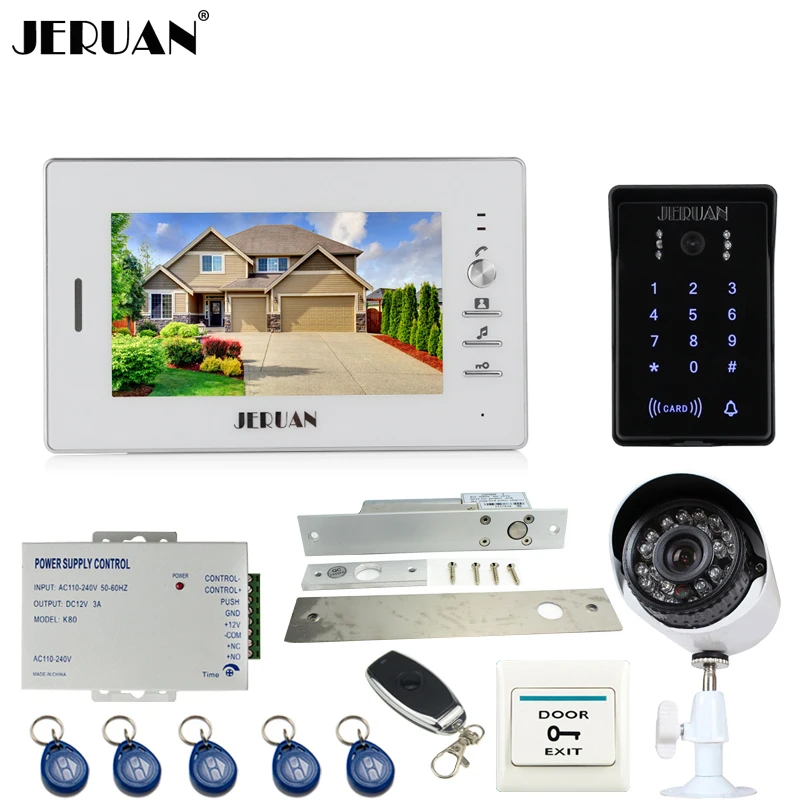 JERUAN 7`` Video Door Phone Intercom System kit Password keyboard Access Camera + 700TVL Analog Camera+Electric Drop Bolt Lock