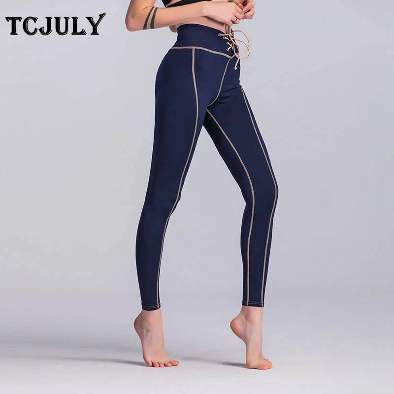 TCJULY модные Высокая Талия Леггинсы на завязке для Для женщин однотонные вязаные пуш-ап ботильоны Длина штаны-стрейч Фитнес леггинсы