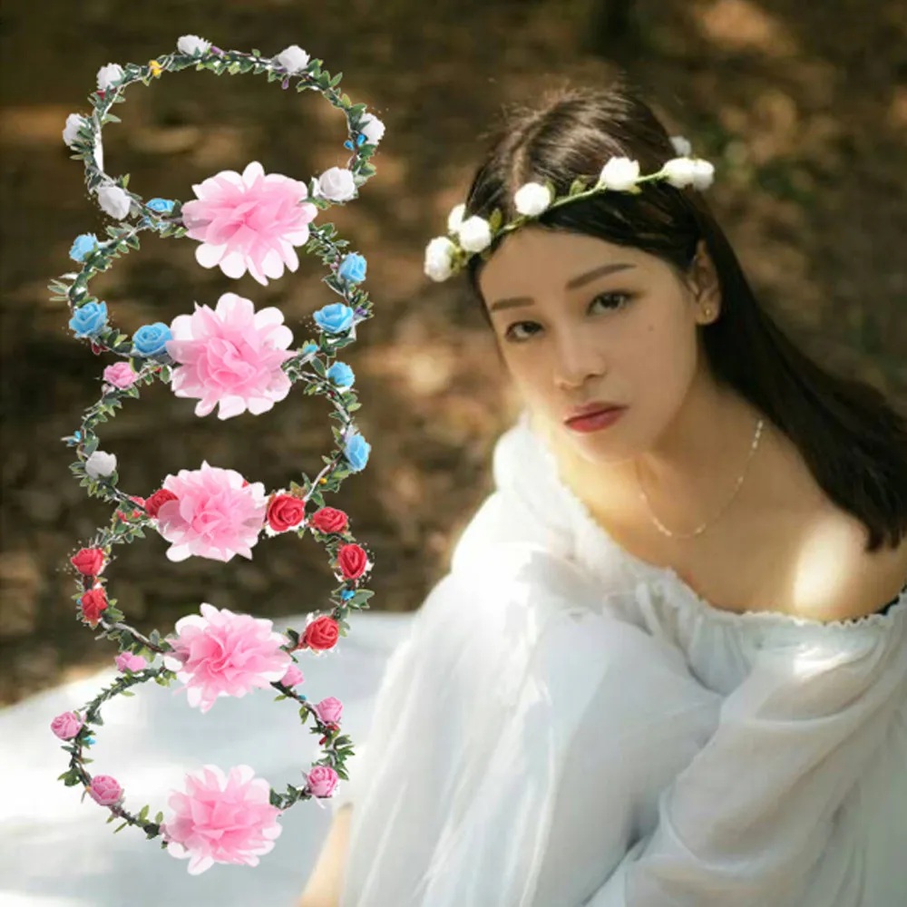 

Fashion Roses Women Floral Headbands Glowing Flower Party Wedding Hair With Lights Handmade LED lights roses headset wreath