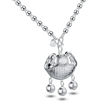 

Chinese style Silver lock pendant Fashion Solid 925 sterling silver 6mm 86cm necklace.Woman long Bead chain silver jewellery