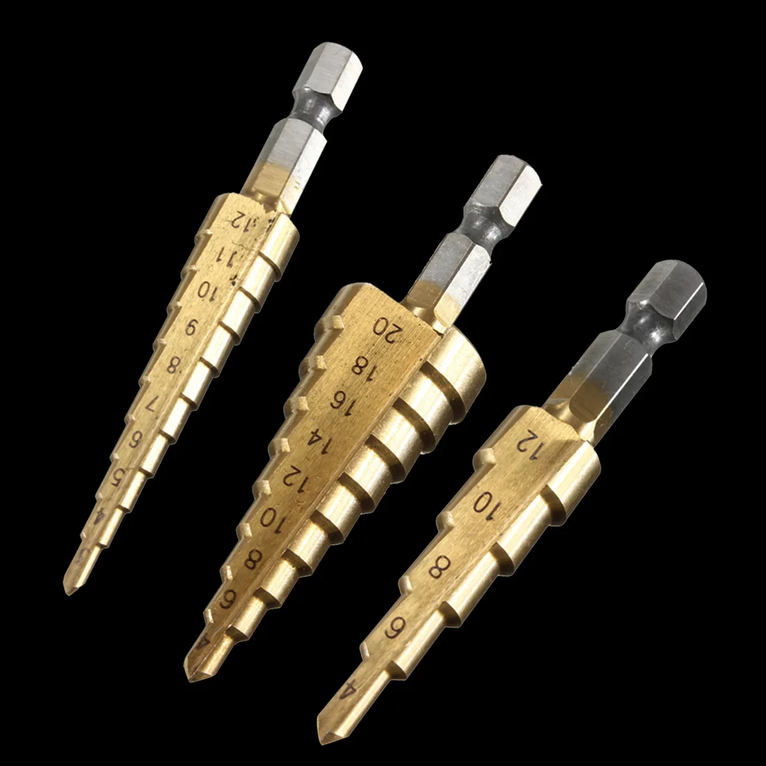 

3pcs HSS Steel Titanium Step Drill Bit Step Cone Cutt Tools Woodworking Wood Metal Drill Bit Set 3-12mm 4-12mm 4-20mm