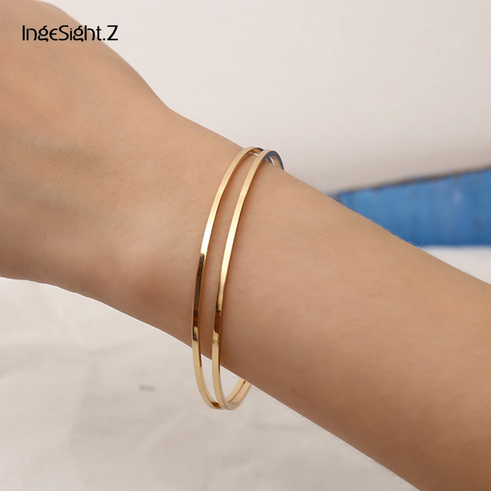 

IngeSight.Z Simple Double Layered Bracelets Bangles Charm Golden Cuff Bangles for Women Jewelry Friendship Bracelets Wrist Chain