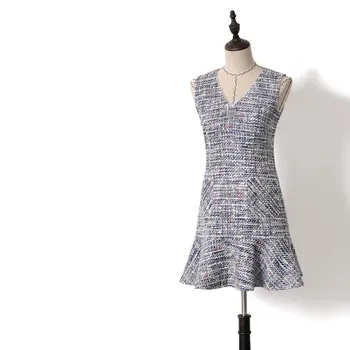 

2019 Spring Summer Women Sweet Knitted Tweed Dress High Quality Female V-neck Ruffles Hem Mini Dresses Y110