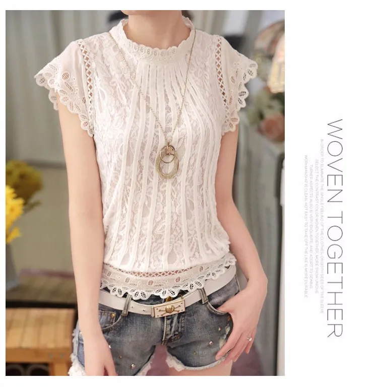 Blusas Femininas 2016 Summer Women Fashion Plus Size Crochet Hollow out Lace Blouse Short Sleeve White Black Slim Tops Shirts  a