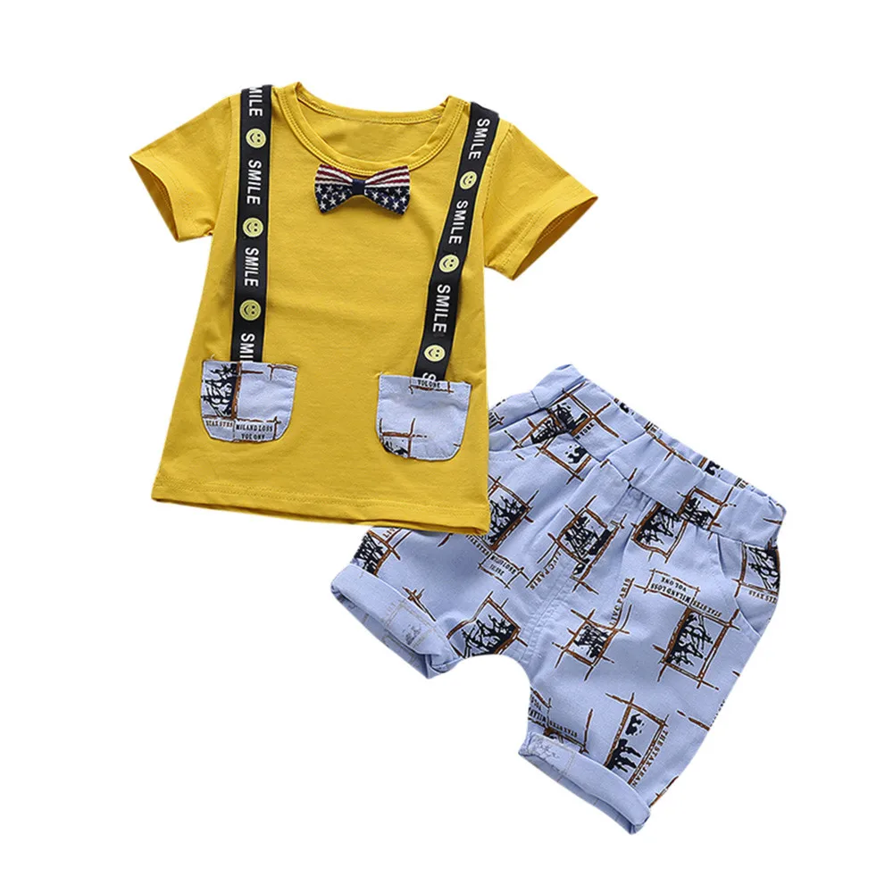 Г. Модный комплект из 2 предметов с принтом смайлика и бантиком для маленьких мальчиков, топ с надписью «Smile»+ штаны, комплект одежды F4
