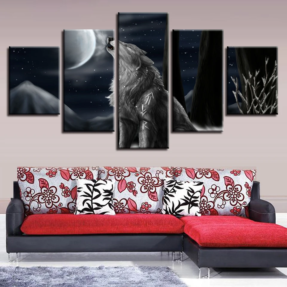 Scenery Pictures Decor Home Room Wall Art 5 Pieces Animal Wolf Howl At Moon Night Painting HD Prints Frame Modular Canvas Poster | Дом и сад