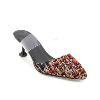 

18 spring and summer models new plaid with cats and out half drag sandals size code 32-43 Baotou women's shoes 18331