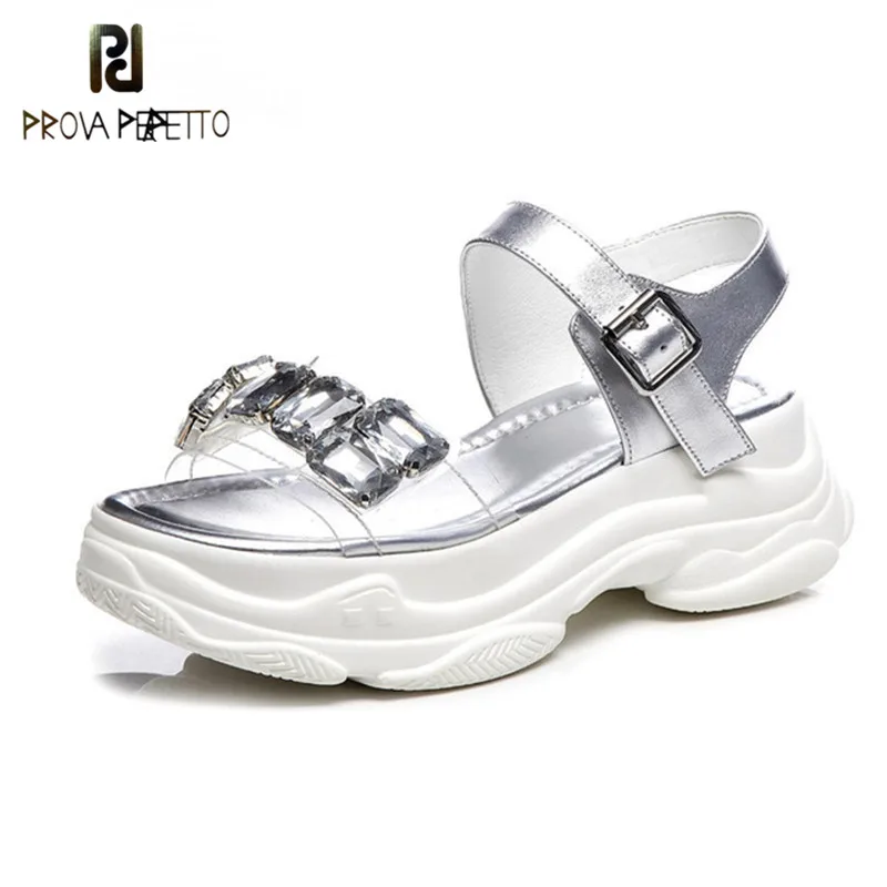 

Prova Perfetto Crystal Decoration Sandals Women Casual High Quality Genuine Leather Platform Shoes Summer Strange Heel Shoes