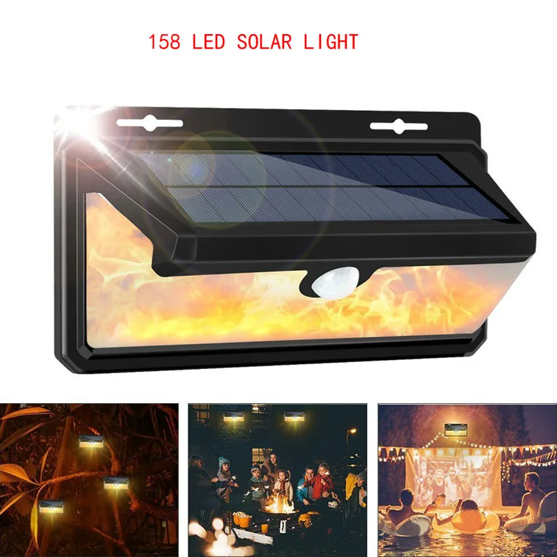 

158 LED 500LM Outdoor Waterproof Solar Light Wall Lamp PIR Motion Sensor White and Simulation Flame Light 3 Modes Security Light