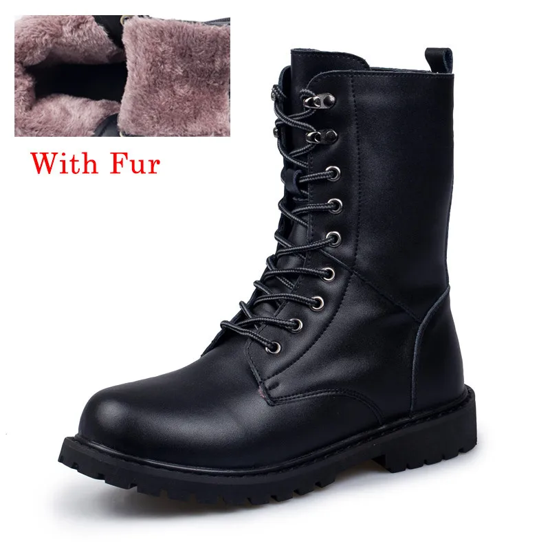 PINSV/зимняя обувь; мужские мотоциклетные ботинки; мужские военные ботинки на меху; Рабочая обувь; черные тактические сапоги; chaussure homme; размеры 38-47 - Цвет: Black   Fur