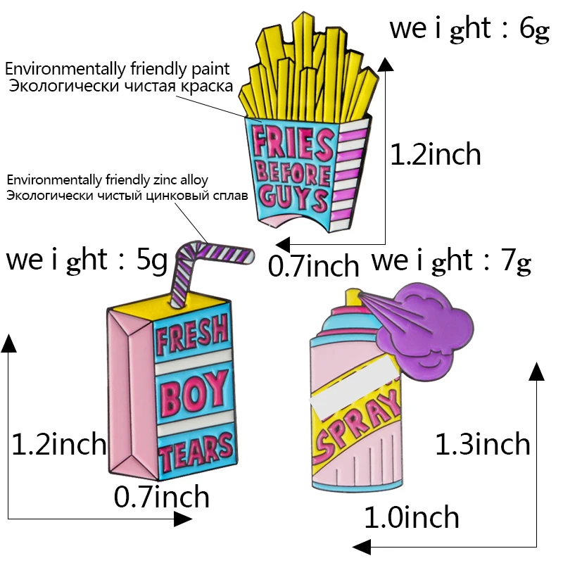 Эмалированная булавка спрей напиток картофель фри свежий мальчик слезы надпись "fries Before Guys" брошь шляпа рюкзак аксессуары нагрудные значки ювелирные изделия