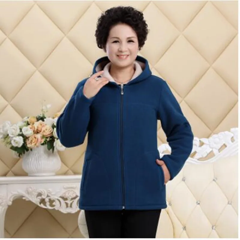 Ideal New Winter Outwear Middle Aged Womens Imitation Lambs Fleece Jacket Hooded Ladies Warm Soft Velevt