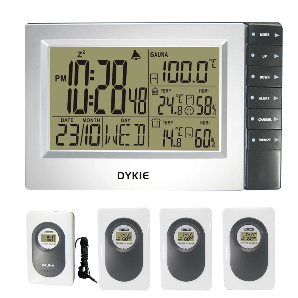 

Wireless Weather Station Digital Display Alarm Clock Sauna Temperature Indoor Outdoor Thermometer Hygrometer most up 4 Sensors