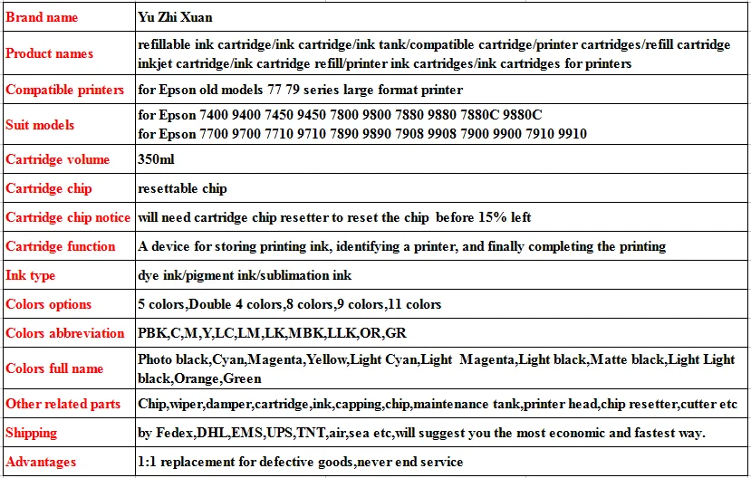 Yu Zhi Xuan! 350 мл Заправляемый чернильный бак с чипом для Epson 7880 9880 7400 7880C 9880C 9400 7450 9450 7800