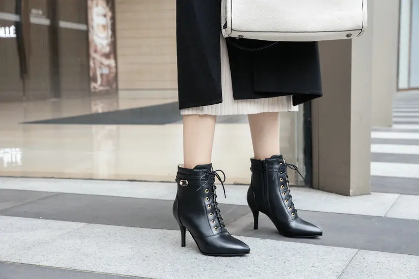 QUTAA/ г. Новые осенние модные ботильоны на шнуровке с острым носком Универсальная женская обувь из искусственной кожи на тонком высоком каблуке и молнии размеры 34-43