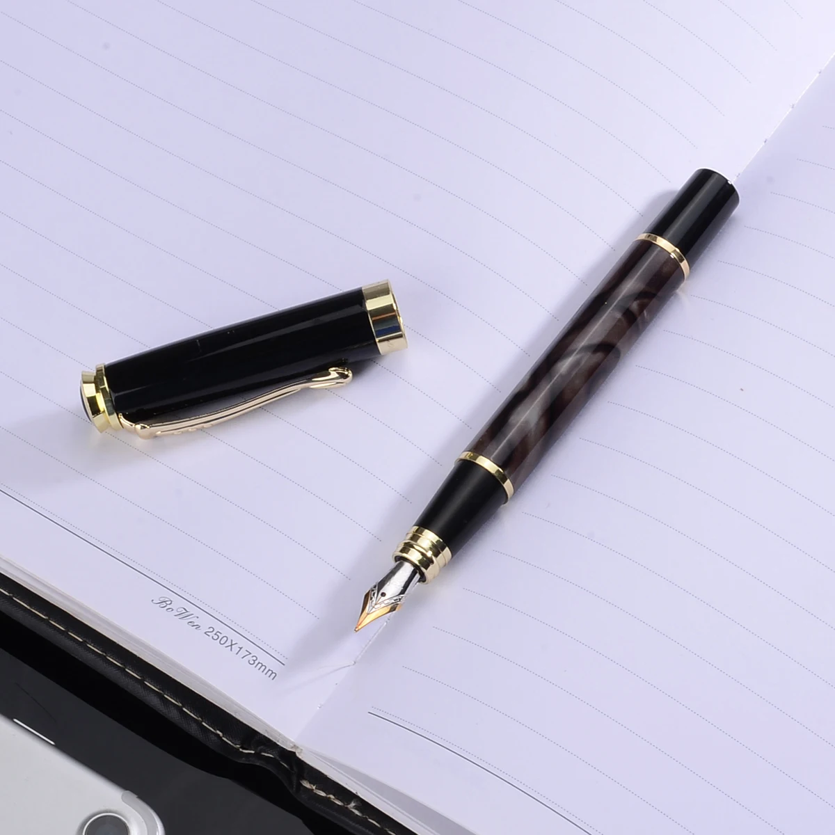 1 Piece Black Gold Medium Nib Fountain Pen Marbled Grain Standard Ink Fountain Pen Golden Clip School Office Student Supplies