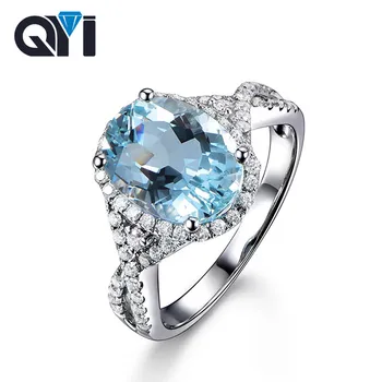 

QYI Natural 3 Ct Sky Blue Topaz Ring Oval Cut Topaz 4 Prong Halo Engagement Jewelry 925 Sterling Silver Gemstone Rings For Women