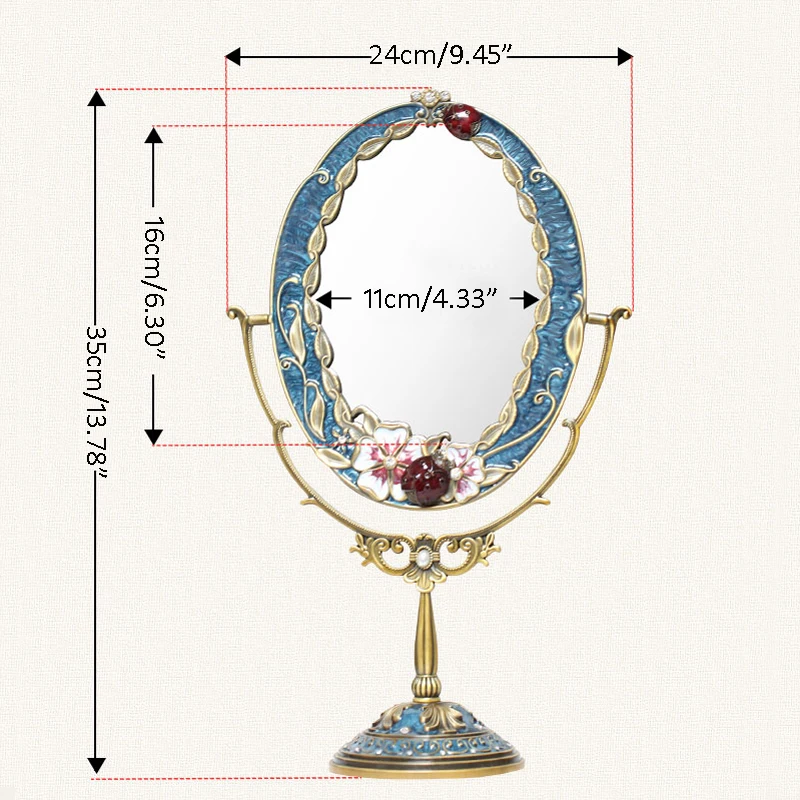 Европейские винтажные латунные синие цветы и Жук Дизайн украшенный камнями 4x6 дюймов овальные настольные металлические качели косметическое зеркало