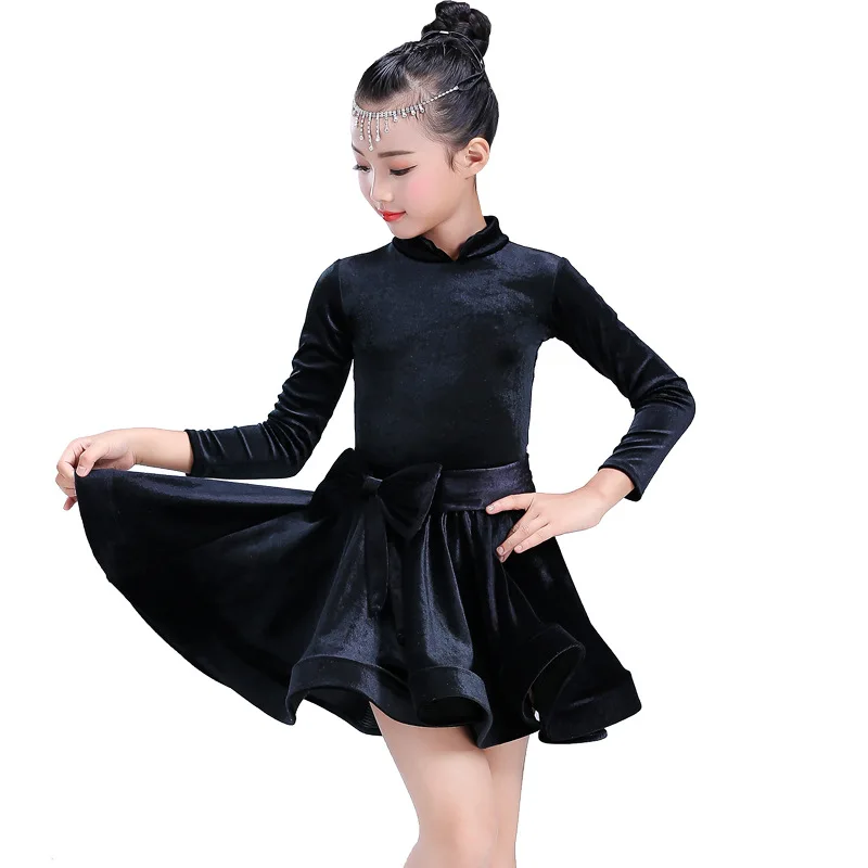 Костюм для латинских танцев, детское осенне-зимнее Новое цельнокроеное платье с длинными рукавами, бархатное детское платье, спортивный костюм