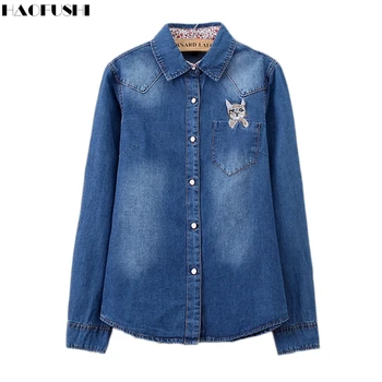 Women Blouses 2017 Spring Autumn Denim Cotton Shirt Women Kawaii Cartoon pockets Cat Embroidery Casual Shirt  Long Sleeve Tops