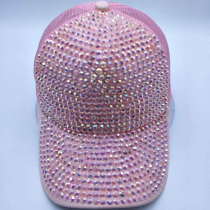 Для женщин Стразы Шапки женский Бейсбол Кепки Bling шапка с бриллиантом для девочек в индивидуальном стиле Бейсболка Кепка Gorras воздухопроницаемость, головной убор с сеточкой от солнца - Цвет: Pink stone