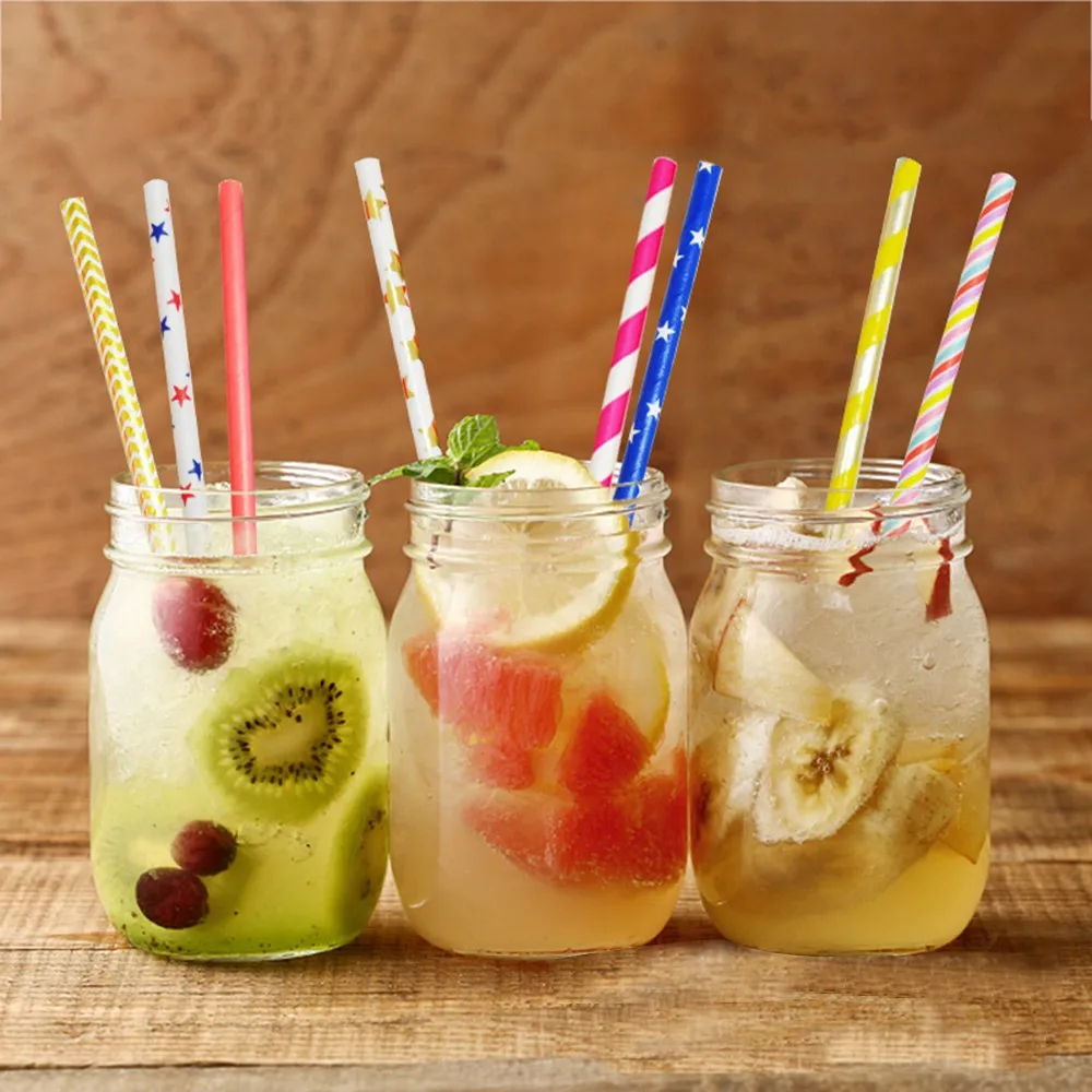 

50piece Drinking Paper Straws Pure Bronzing Gold Red Silver Bamboo Fruit Flamingo Mustache Pattern Party Birthday Event Supplies