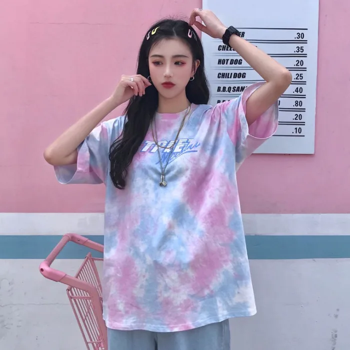 

2019 Fashion Shirt Wild Korean Style Bf Harajuku Ins Multicolour Loose Gradient Tie Dyeing T-shirt Female Short Sleeve Tops Tee