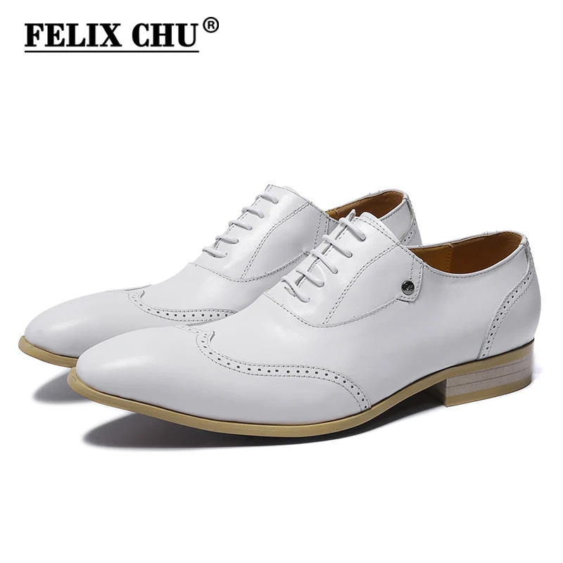 FELIX CHU Genuine Cow Leather Men Wedding Dress Shoes Lace Up White Brogue Oxford With Wingtip Detail Size 39-45 #185-810 strappy dress with lace up detail