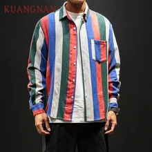 KUANGNAN полосатые мужские рубашки с длинным рукавом, повседневная облегающая хип-хоп Уличная Мужская рубашка из хлопка и льна, Повседневная рубашка, мужская одежда
