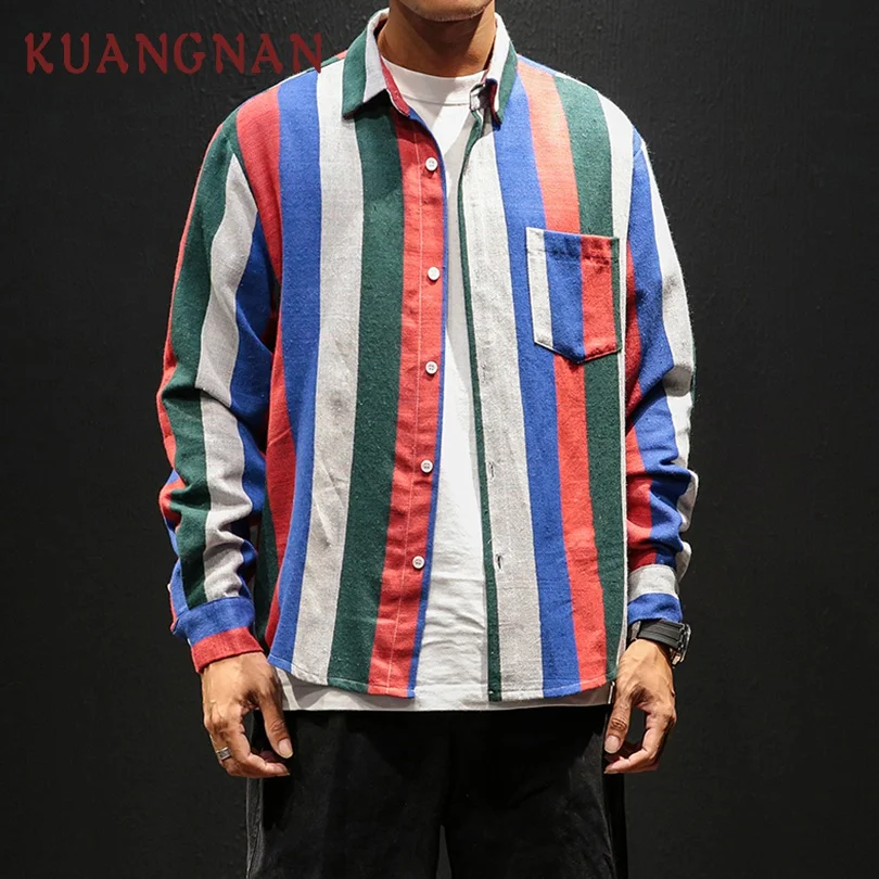 

KUANGNAN Striped Men Shirt Long Sleeve Casual Slim Fit Hip Hop Streetwear Men Shirt Cotton Linen Casual Shirt Men Clothes 2019