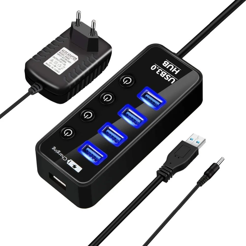Super Speed 4 Ports USB 3.0 Hub Powered Splitter With 1 USB Charging Port Individual On/Off Switches AC Power Adapter