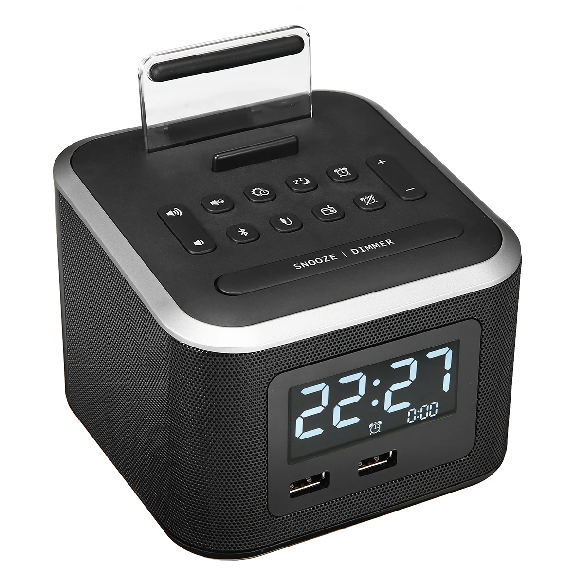 

Digital Alarm Clock Wireless bluetooth Speaker USB Charger With FM Radio USB Charging Port AUX Input Dimming Battery Backup