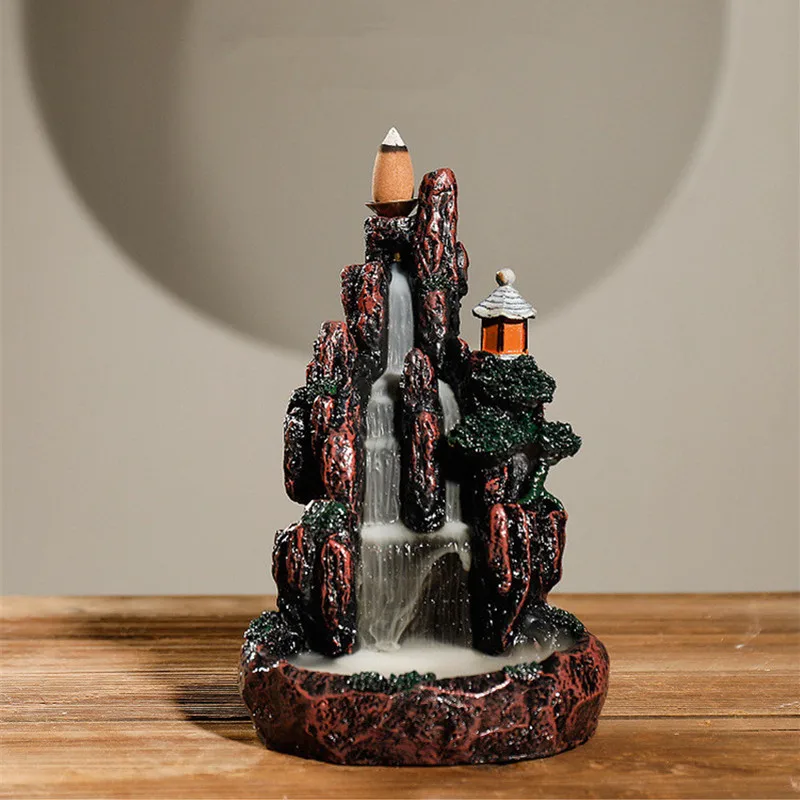 

Artificial Mountain Waterfall Design Resin Stone Backflow Incense Burner with 20pcs Mixed Backflow Incense Cones Bullet