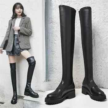 

Elastic Riding Slim Leg Boots Women Black Cow Leather Over The Knee High Boots Winter Warm Punk Long Sneakers Platform Creepers